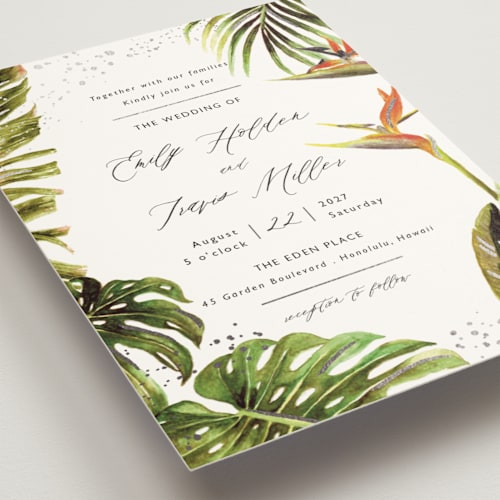 This is a kiwi foil stamped wedding invitations with foil pressed by Elly called our paradise printing on signature in standard