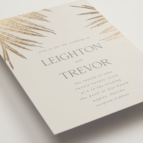 This is a sand foil stamped wedding invitations with foil pressed by Melinda Denison called gilded palm printing on signature in standard