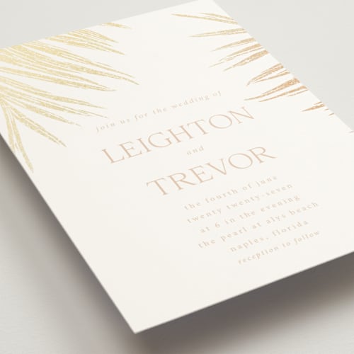 This is a sunset foil stamped wedding invitations with foil pressed by Melinda Denison called gilded palm printing on signature in standard