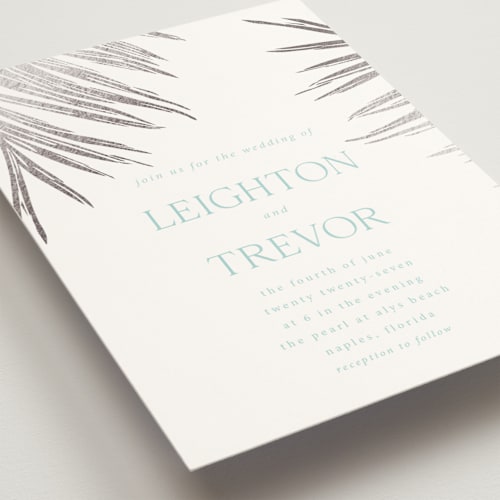 This is a seafoam foil stamped wedding invitations with foil pressed by Melinda Denison called gilded palm printing on signature in standard