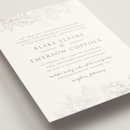 This is a cool grey gloss press wedding invitations with gloss press by Rochelle Renee called gilded wildflowers printing on signature in standard