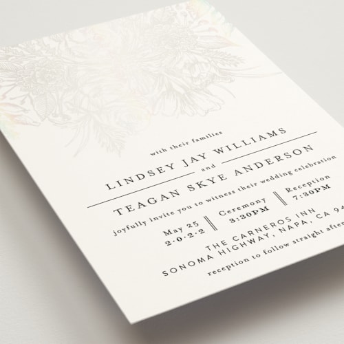 This is a ivory gloss press wedding invitations with foil pressed by Phrosné Barwood called sketched bouquet printing on signature in standard