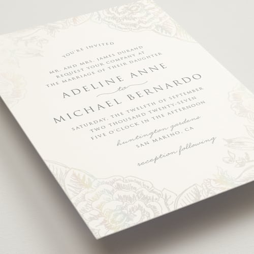 This is a opal gloss press wedding invitations with gloss press by Rochelle Renee called au jardin printing on signature in standard