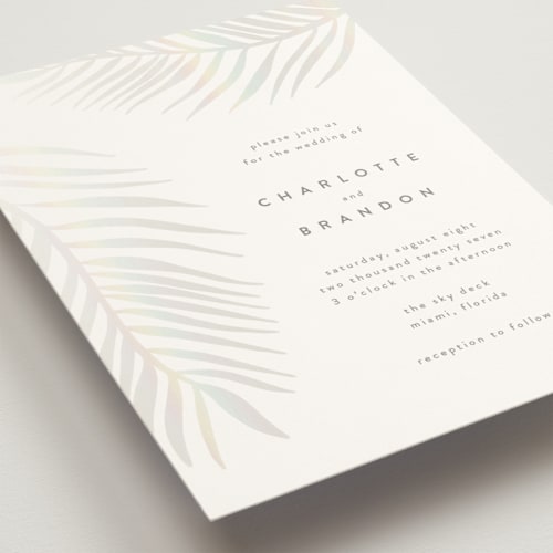 This is a porcelain gloss press wedding invitations with gloss press by Pixel and Hank called palm vibes printing on signature in standard