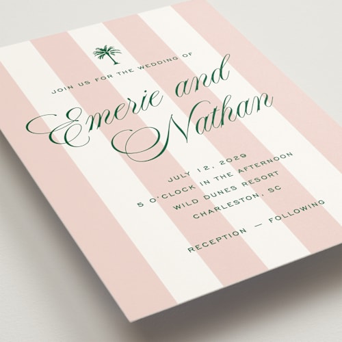 This is a taffy wedding invitations with standard by Susan Zinader called island palm printing on signature in standard