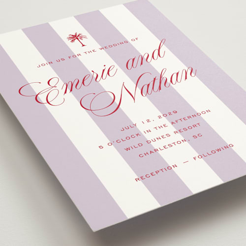 This is a macaroon wedding invitations with standard by Susan Zinader called island palm printing on signature in standard