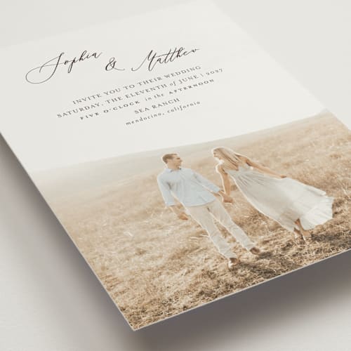 This is a mocha wedding invitations with standard by Benita Crandall called un mariage photographique printing on signature in standard