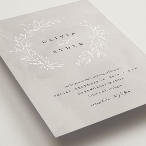 This is a fog wedding invitations with standard by Pixel and Hank called abundant wreath printing on signature in standard