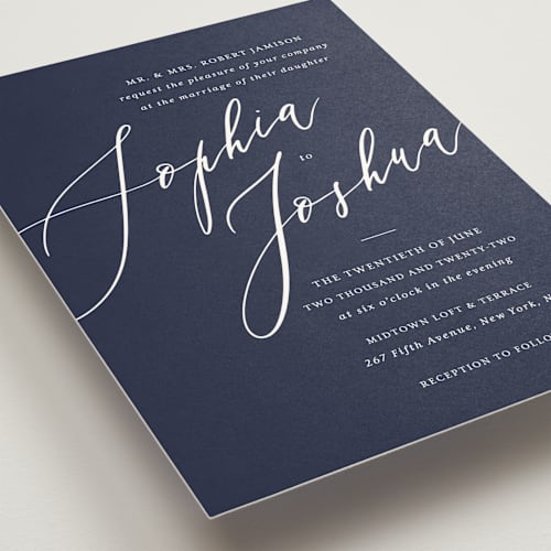 This is a navy wedding invitations with standard by Griffinbell Paper Co. called crescendo printing on signature in standard
