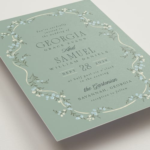 This is a buttermint wedding invitations with standard by Laura Hankins called trailing garden printing on signature in standard