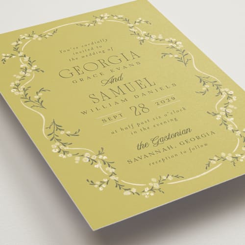 This is a limoncello wedding invitations with standard by Laura Hankins called trailing garden printing on signature in standard