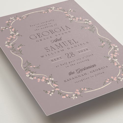 This is a lavender wedding invitations with standard by Laura Hankins called trailing garden printing on signature in standard