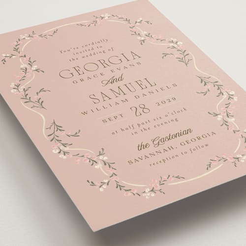 This is a rosette wedding invitations with standard by Laura Hankins called trailing garden printing on signature in standard