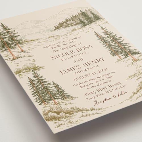 This is a cedar wedding invitations with standard by Elly called whispering pines printing on signature in standard