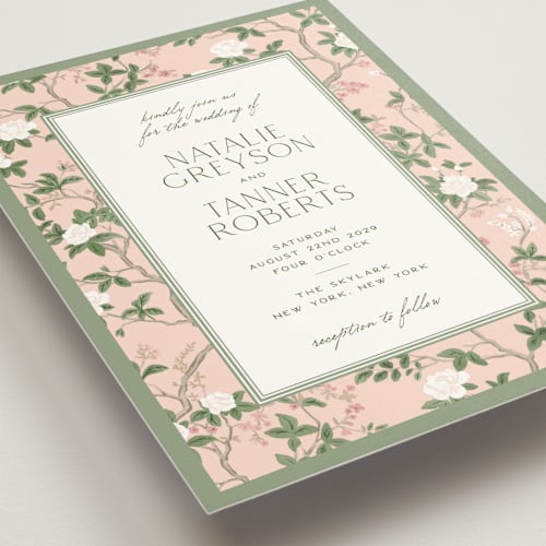 This is a peony wedding invitations with standard by Jenna Holcomb called chinoiserie printing on signature in standard