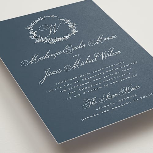 This is a navy wedding invitations with standard by Wildfield Paper Co called romantic wreath printing on signature in standard