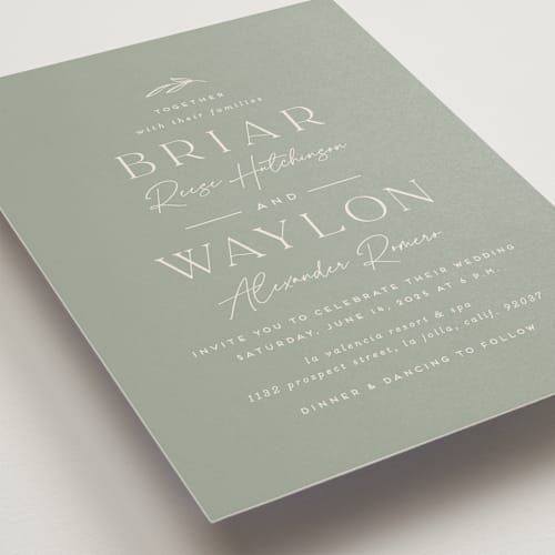 This is a sage wedding invitations with standard by Erica Krystek called soft arch printing on signature in standard