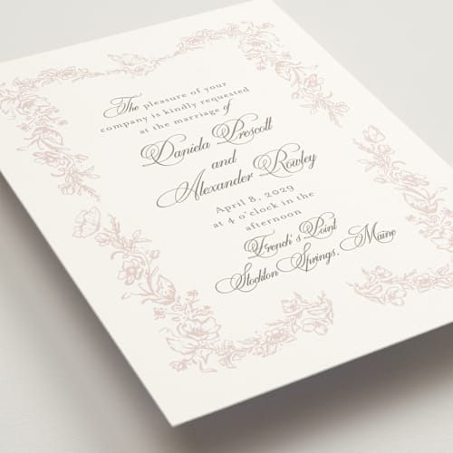 This is a blush wedding invitations with standard by Melinda Denison called romantic garden printing on signature in standard
