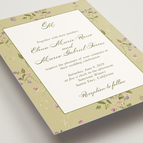 This is a olive wedding invitations with standard by Nicole Dragomir called wild berry watercolor printing on signature in standard