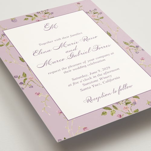 This is a lilac wedding invitations with standard by Nicole Dragomir called wild berry watercolor printing on signature in standard