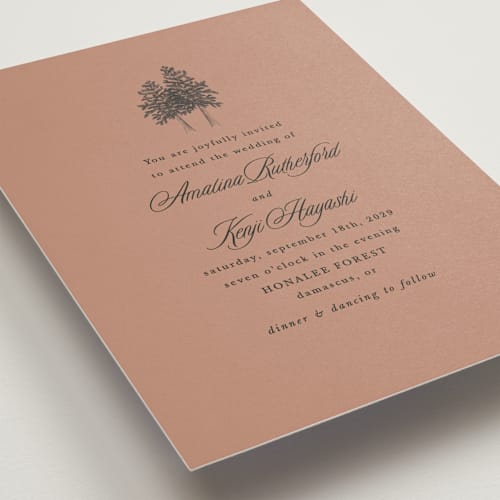 This is a cocoa wedding invitations with standard by Morgan Kendall called arboretum printing on signature in standard