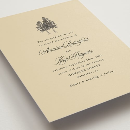 This is a butter wedding invitations with standard by Morgan Kendall called arboretum printing on signature in standard