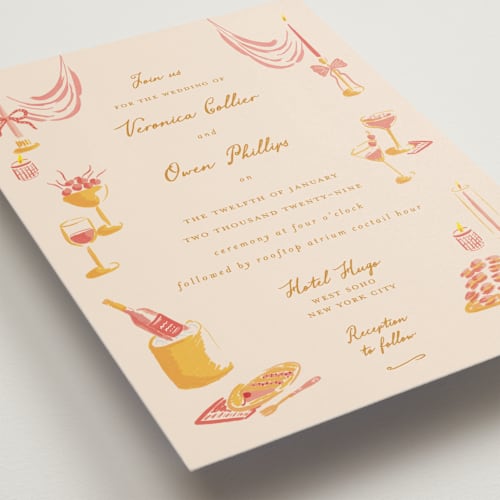 This is a sunrise wedding invitations with standard by Sarah Rosenthal called velvet cherry printing on signature in standard
