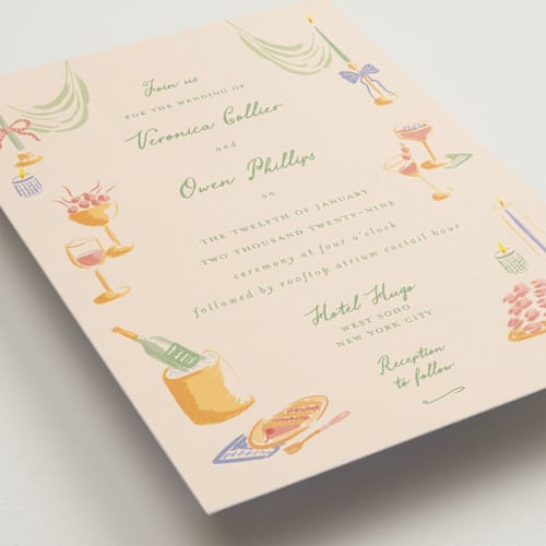 This is a pistachio wedding invitations with standard by Sarah Rosenthal called velvet cherry printing on signature in standard