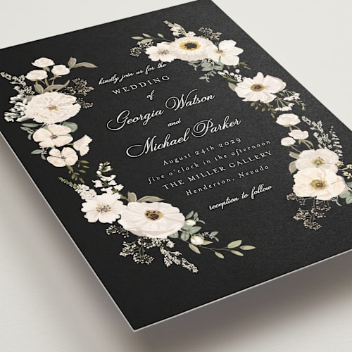 This is a black tie wedding invitations with standard by Susan Moyal called cherished printing on signature in standard