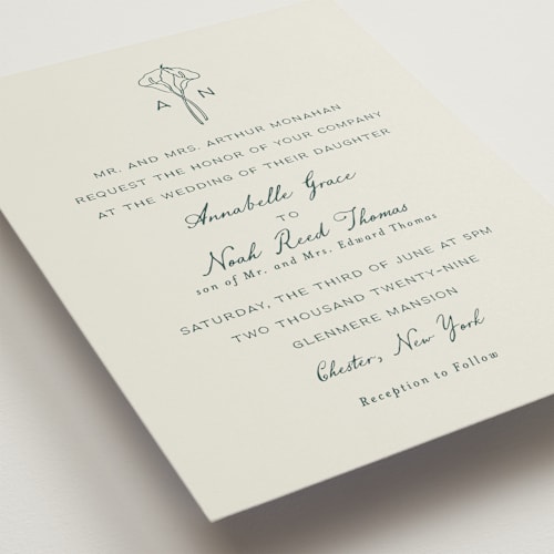 This is a sage wedding invitations with standard by Leah Bisch called pair of calla lilies printing on signature in standard