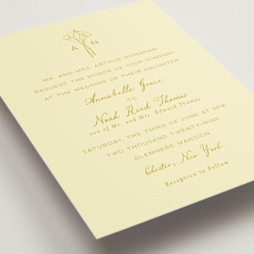 This is a butter wedding invitations with standard by Leah Bisch called pair of calla lilies printing on signature in standard