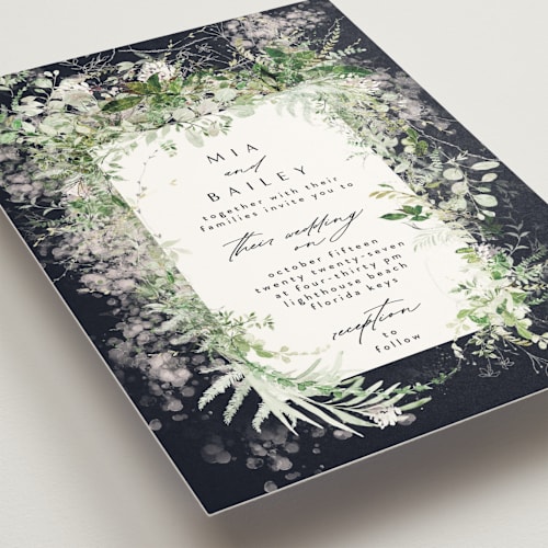 This is a navy wedding invitations with standard by Phrosné Barwood called lush greenery printing on signature in standard