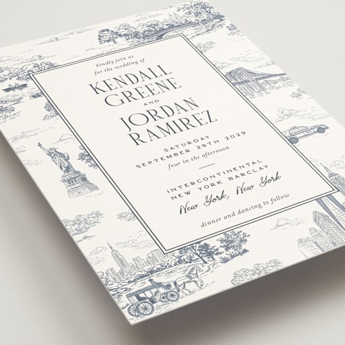 This is a navy wedding invitations with standard by Jenna Holcomb called new york toile printing on signature in standard