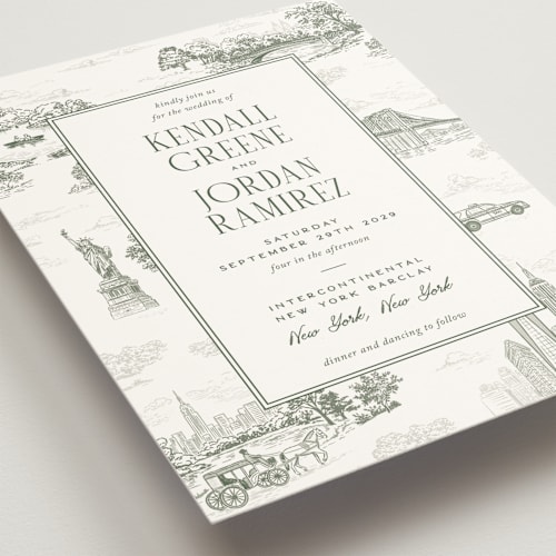This is a sage wedding invitations with standard by Jenna Holcomb called new york toile printing on signature in standard