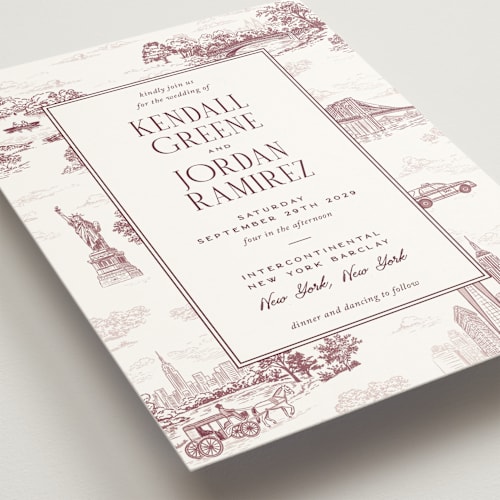 This is a mulberry wedding invitations with standard by Jenna Holcomb called new york toile printing on signature in standard