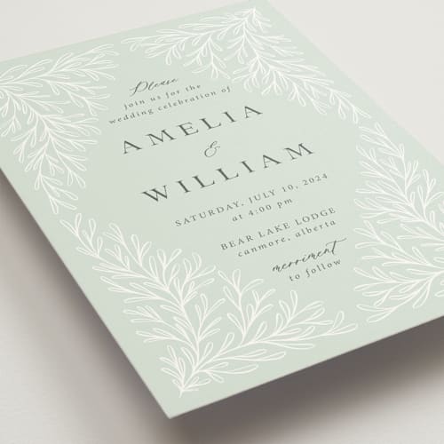 This is a sage wedding invitations with standard by Kristen Knechtel called fairy forest printing on signature in standard