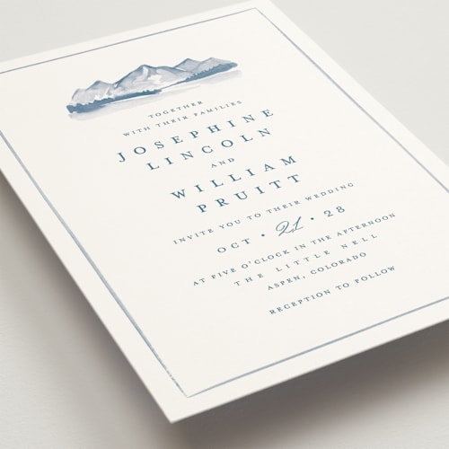 This is a blue bell wedding invitations with standard by Amy Kross called mountain ridge printing on signature in standard
