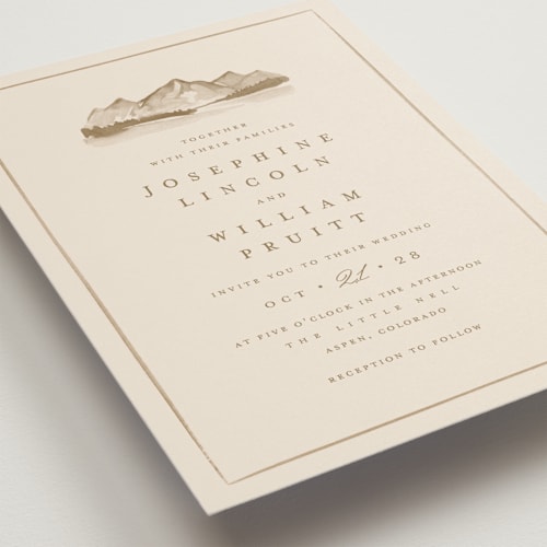 This is a champagne wedding invitations with standard by Amy Kross called mountain ridge printing on signature in standard