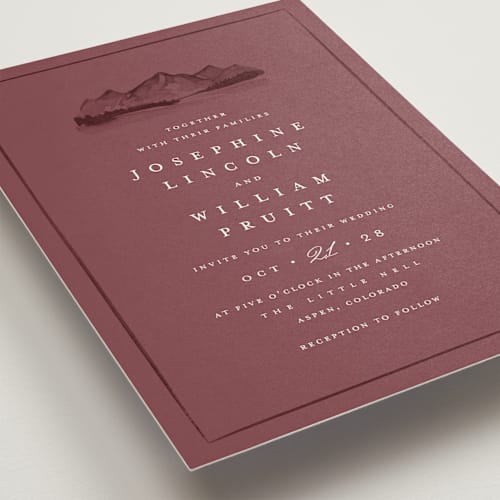 This is a merlot wedding invitations with standard by Amy Kross called mountain ridge printing on signature in standard