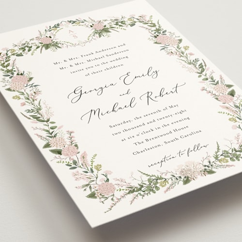This is a blush wedding invitations with standard by Susan Moyal called hydrangea vine printing on signature in standard