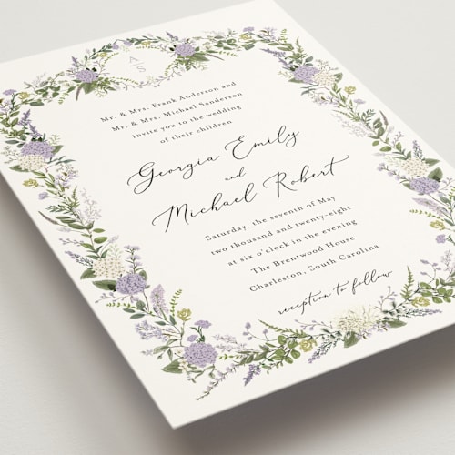 This is a violet mist wedding invitations with standard by Susan Moyal called hydrangea vine printing on signature in standard