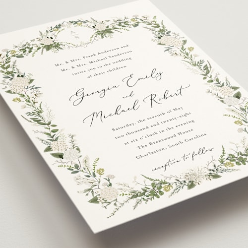 This is a porcelain wedding invitations with standard by Susan Moyal called hydrangea vine printing on signature in standard