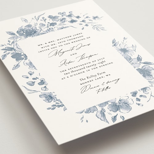 This is a french blue wedding invitations with standard by Itsy Belle Studio called floral pop printing on signature in standard
