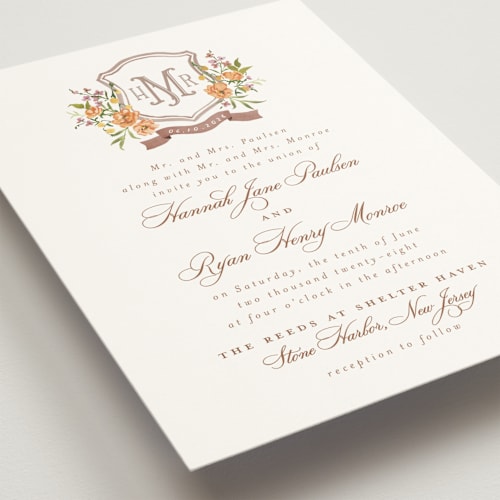 This is a apricot wedding invitations with standard by Everett Paper Goods called avalon printing on signature in standard