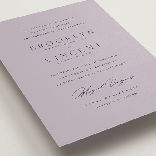 This is a violet wedding invitations with standard by Kelly Schmidt called merryvale printing on signature in standard