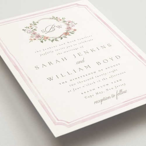 This is a rose quartz wedding invitations with standard by Everett Paper Goods called chelsea printing on signature in standard
