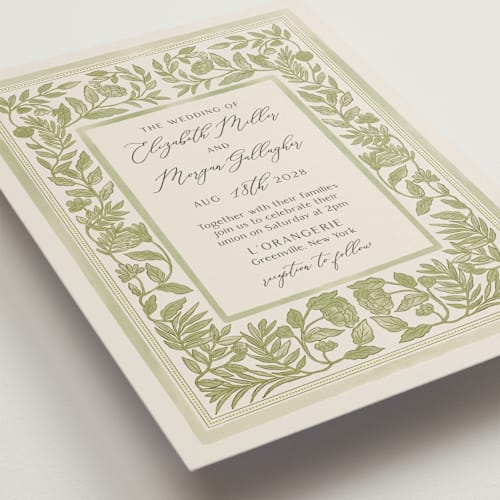 This is a olive wedding invitations with standard by Elly called porcelain floral printing on signature in standard
