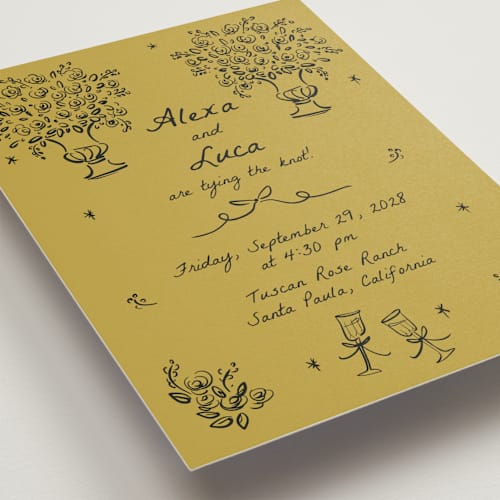 This is a golden wedding invitations with standard by Ani Somi called roses printing on signature in standard