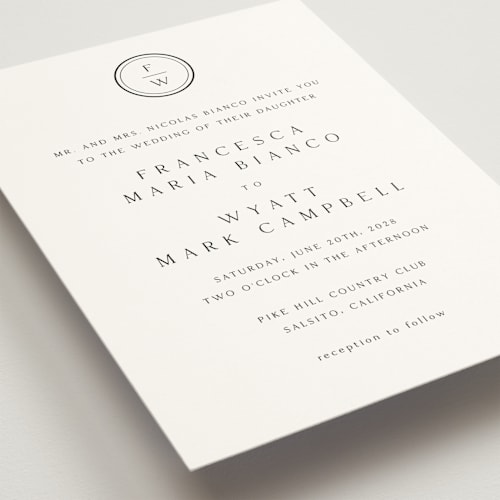 This is a cotton wedding invitations with standard by Stacey Meacham called circle monogram printing on signature in standard