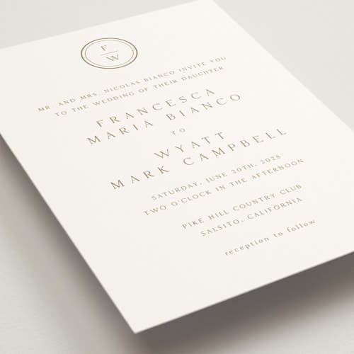 This is a golden wedding invitations with standard by Stacey Meacham called circle monogram printing on signature in standard